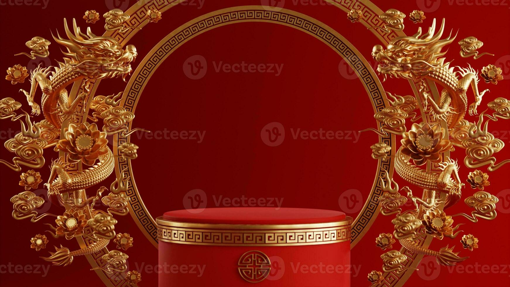 3d rendering illustration of podium round stage podium and paper art chinese new year, chinese festivals, mid autumn festival , red and gold ,flower and asian elements  on background. photo
