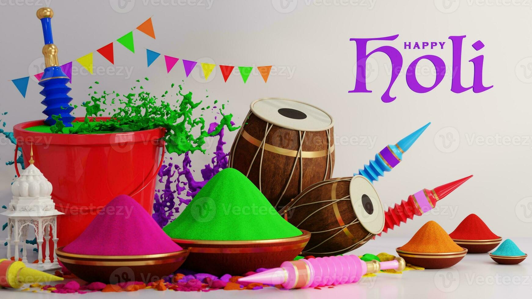 3d rendering illustration for holi festival of colors  colorful gulaal  background. photo