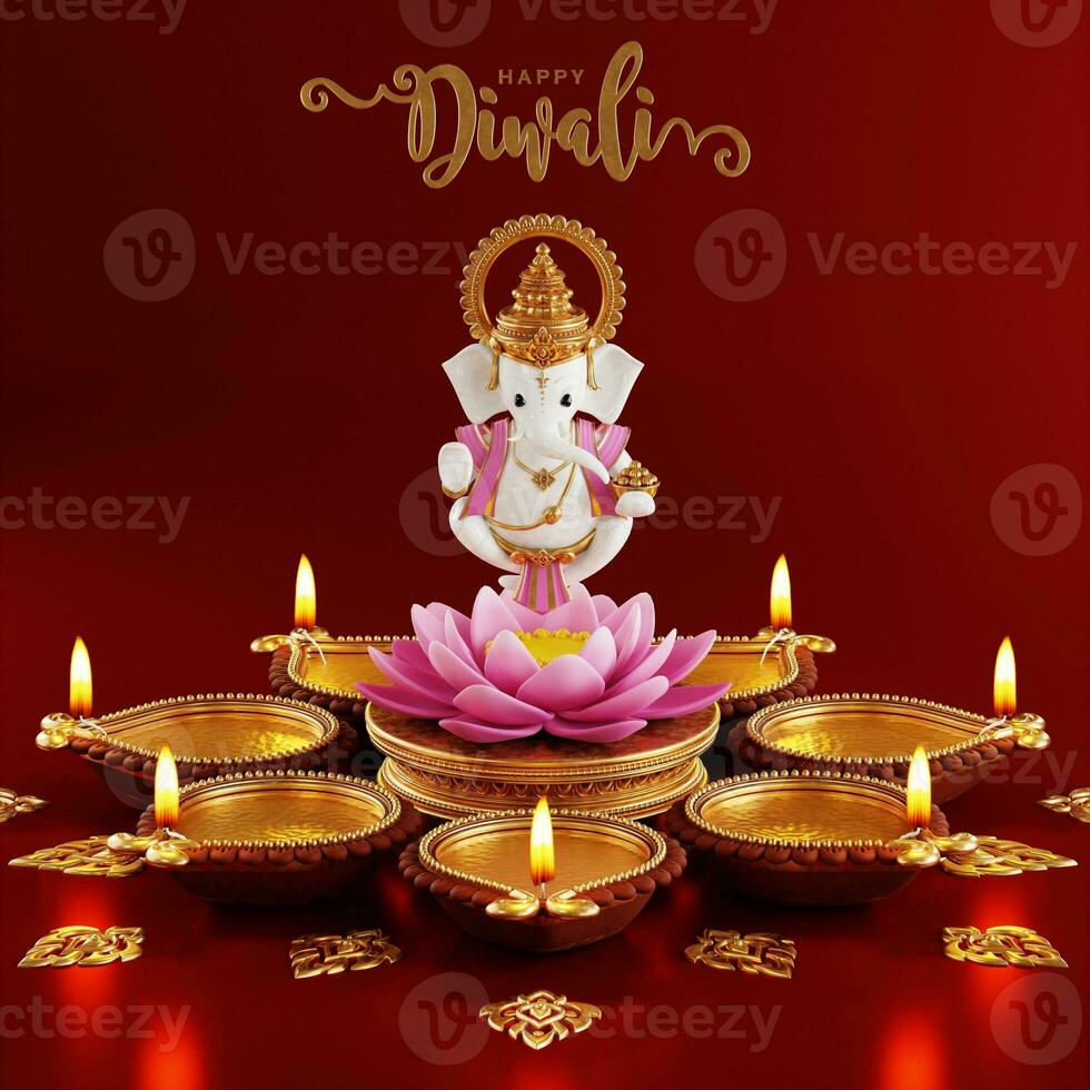 3D rendering for diwali festival Diwali, Deepavali or Dipavali the festival of lights india with gold diya patterned on color Background. photo