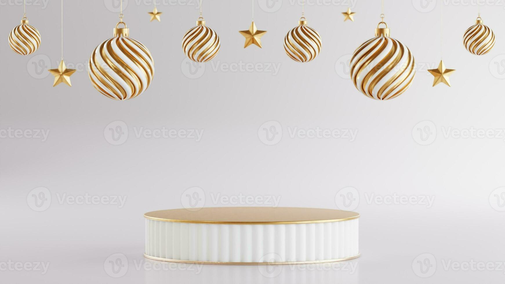 3d rendering illustration podium winter christmas festival with christmas tree,santa claus,gift boxes, ribbon,ball,snow,product, promotion sale, presentation pedestal 3d rendering on background color. photo