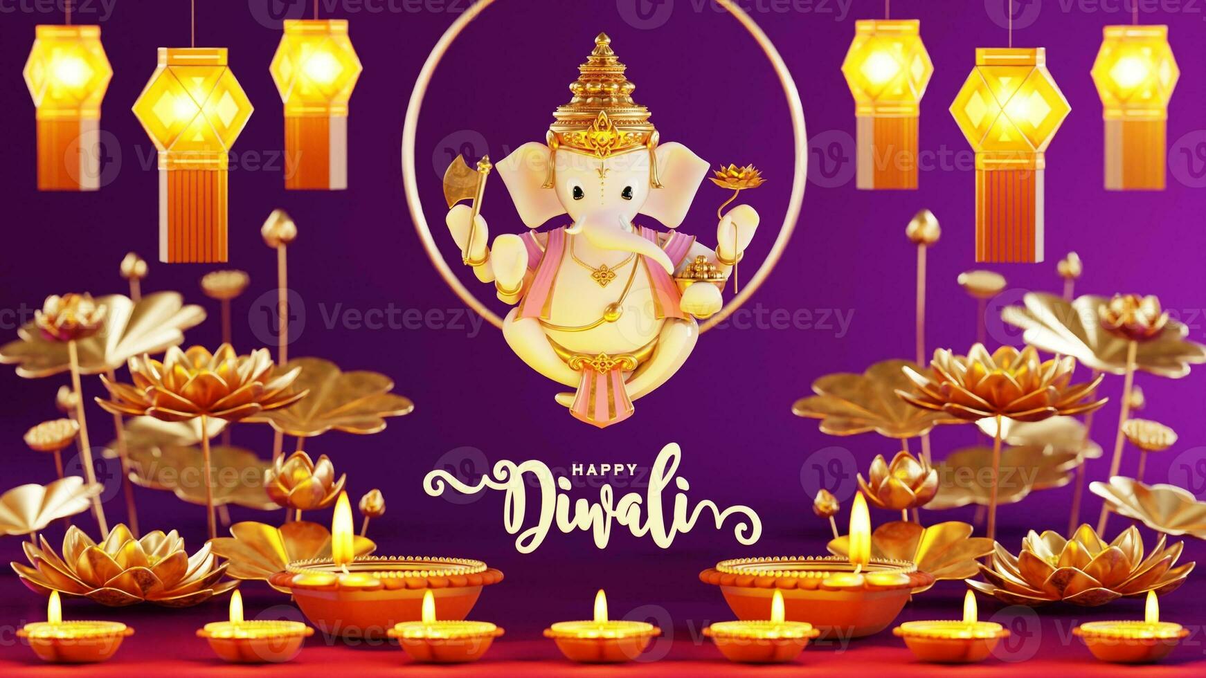 3D rendering for diwali festival Diwali, Deepavali or Dipavali the festival of lights india with gold diya patterned on color Background. photo