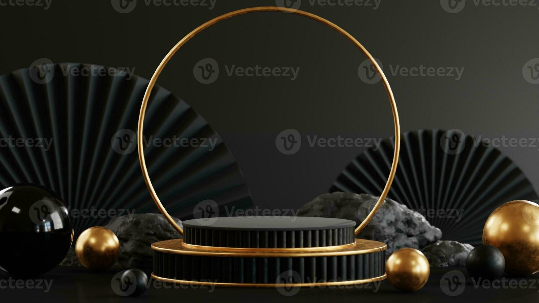 3D rendering podium for black friday sale. realistic 3d design stage podium, round studio, gold neon lights, gift box black, red bow, shopping bag, big percent label discount. photo