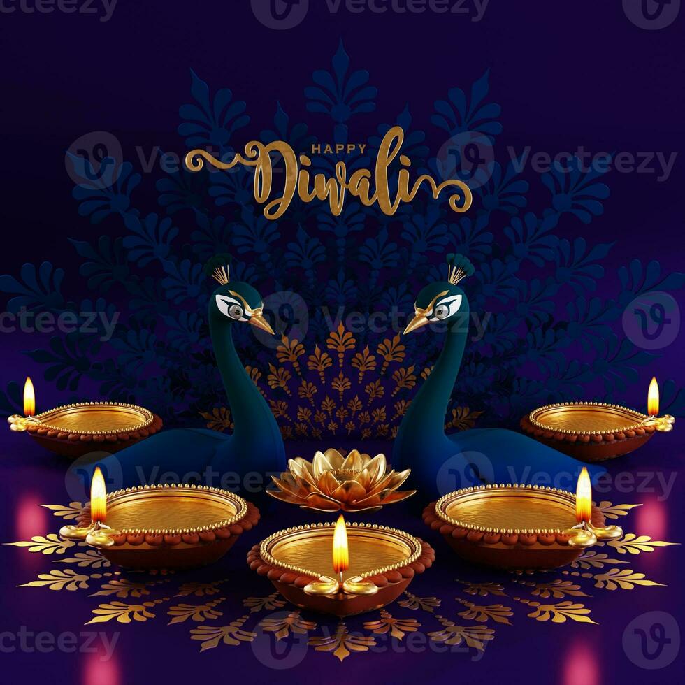 3D rendering for diwali festival Diwali, Deepavali or Dipavali the festival of lights india with gold diya patterned on color Background. photo