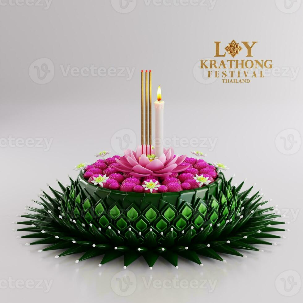 3d rendering illustration Loy Krathong festival  and Yi Peng festival in thailand  krathong from banana leaves, flowers, candles and incense sticks, fullmoon, river, and night background color. photo