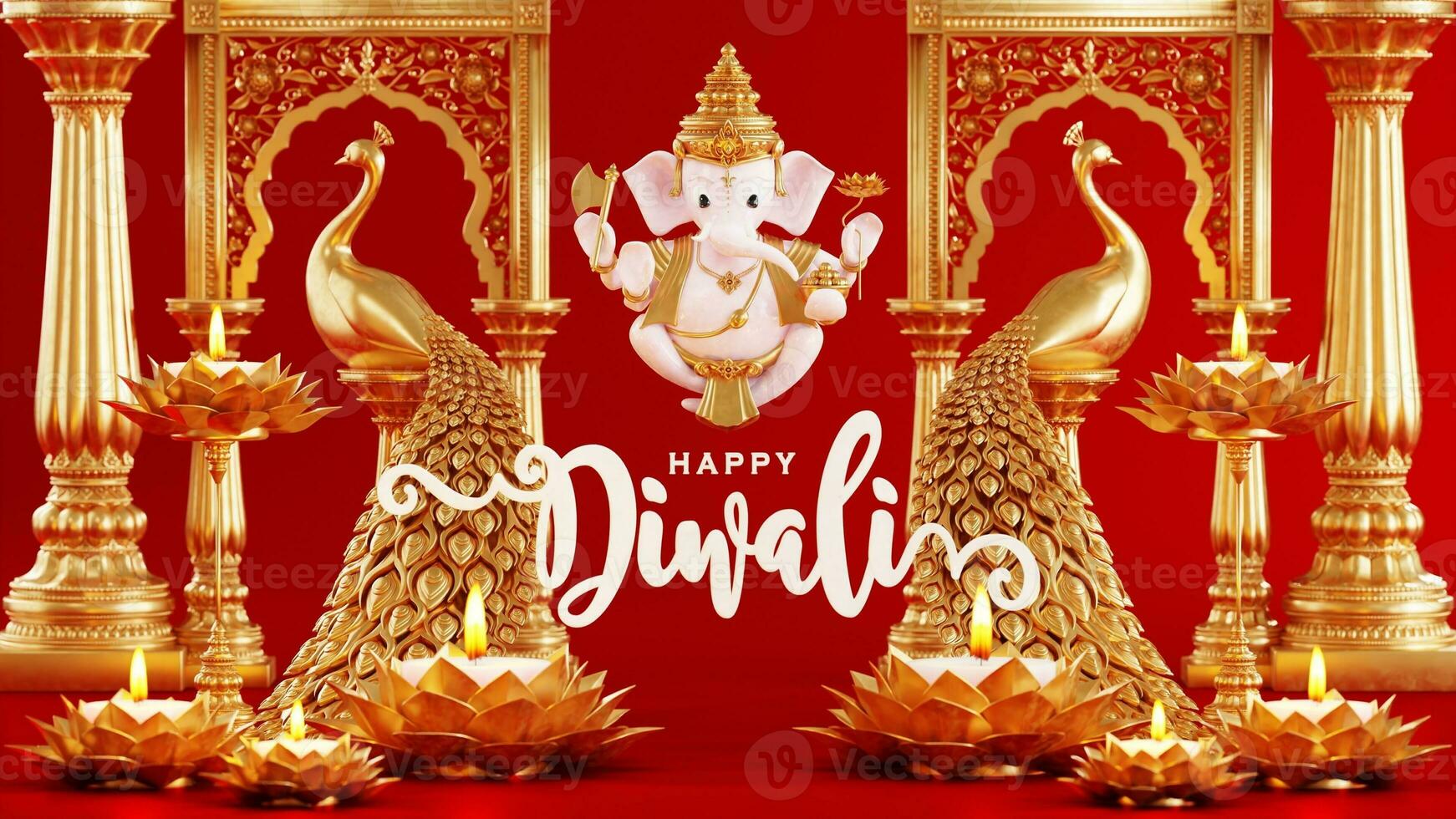 3D rendering for diwali festival Diwali, Deepavali or Dipavali the festival of lights india with gold diya patterned on color Background. photo