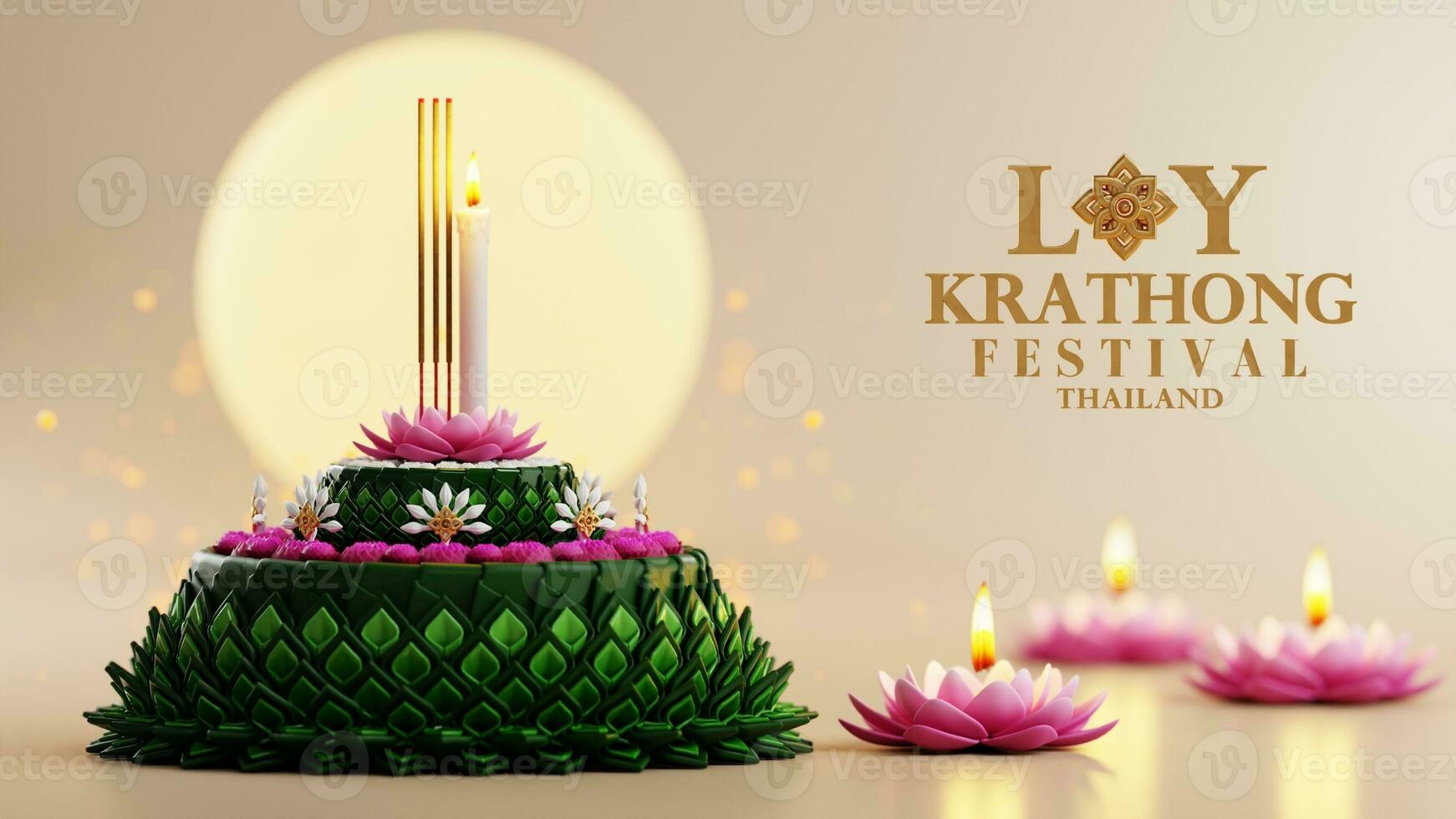 3d rendering illustration Loy Krathong festival  and Yi Peng festival in thailand  krathong from banana leaves, flowers, candles and incense sticks, fullmoon, river, and night background color. photo