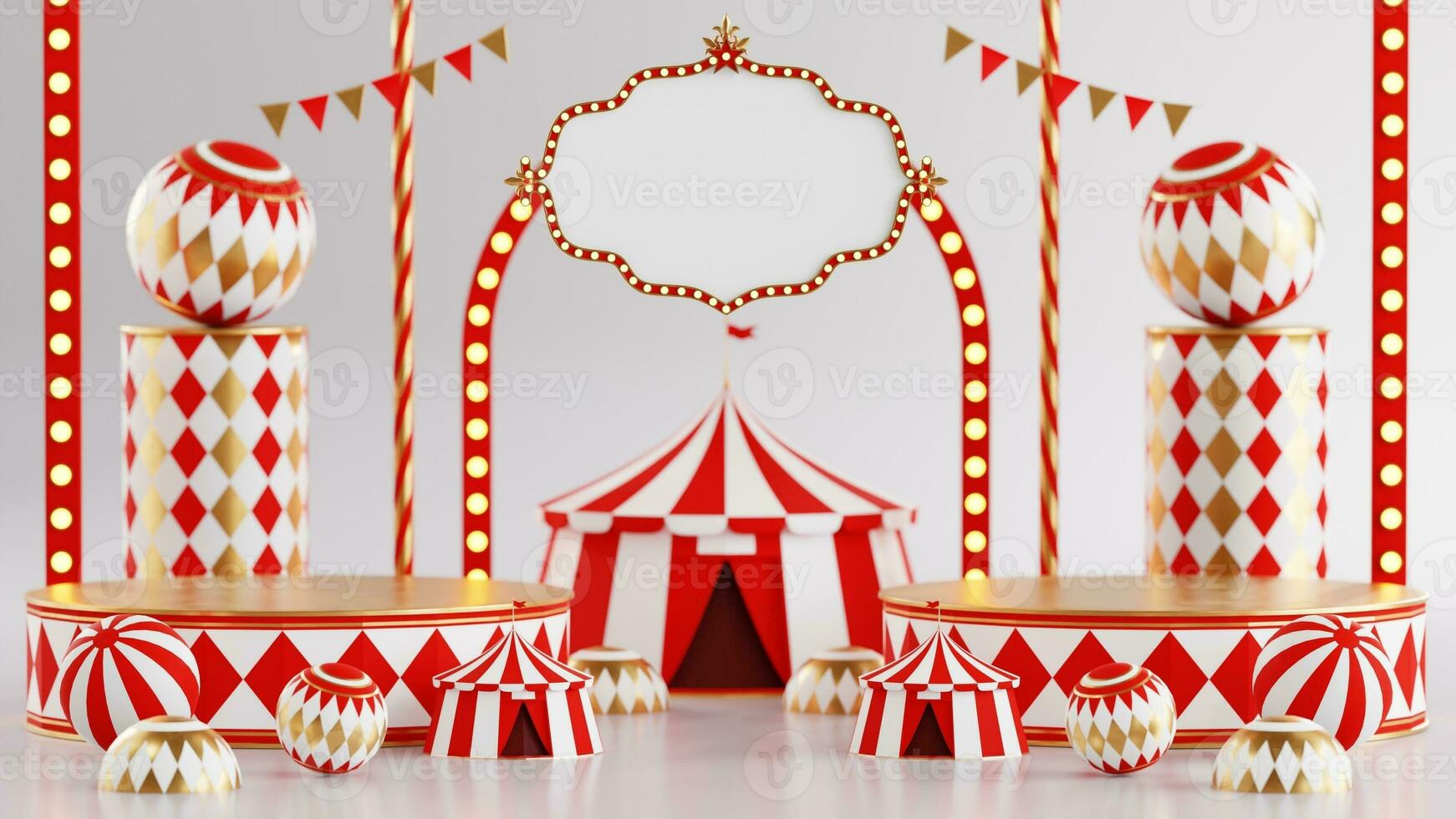 3D rendering for amusement park, circus, carnival fair theme podium with many rides and shops circus tent 3d illustration photo