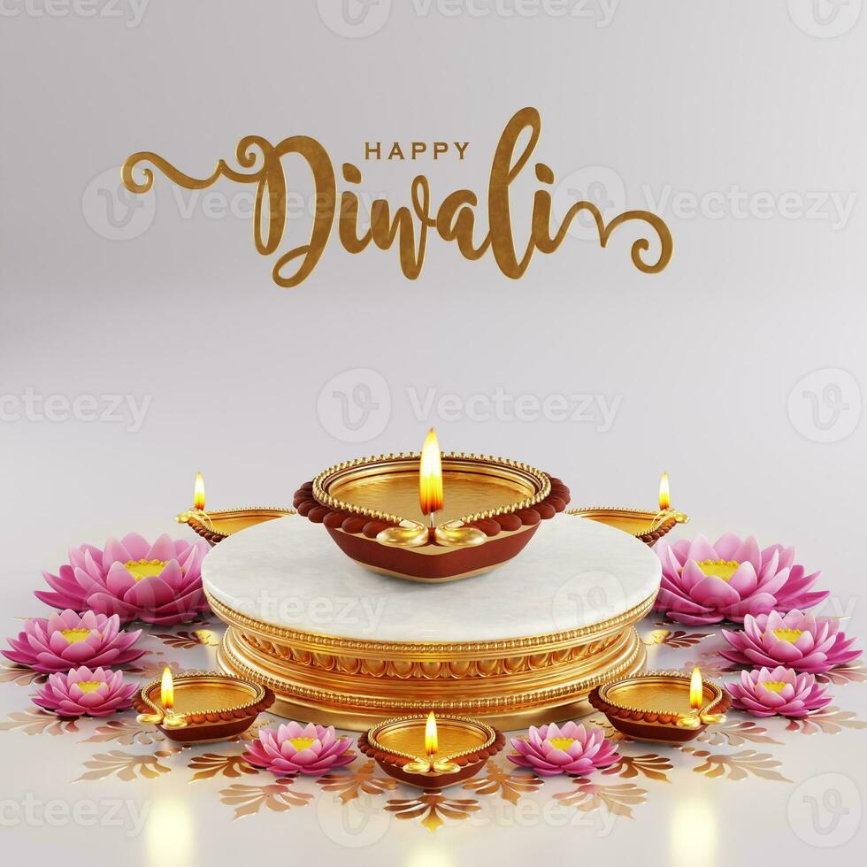 3D rendering for diwali festival Diwali, Deepavali or Dipavali the festival of lights india with gold diya patterned on color Background. photo