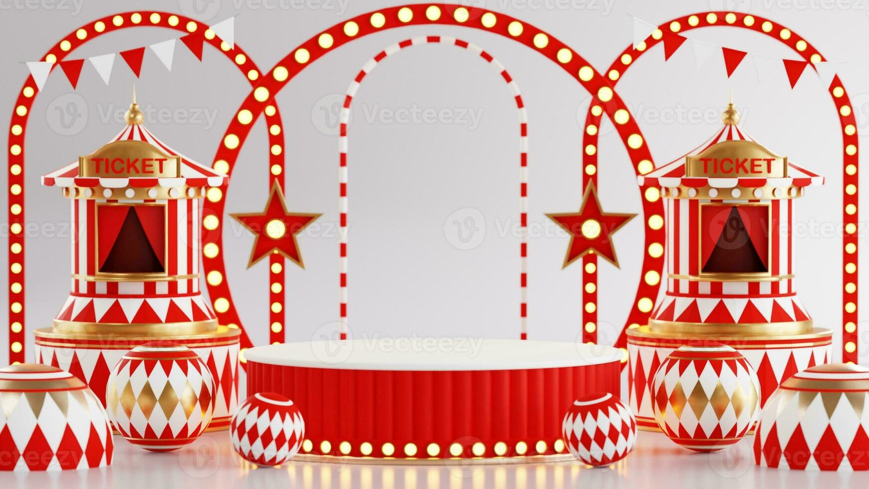 3D rendering for amusement park, circus, carnival fair theme podium with many rides and shops circus tent 3d illustration photo