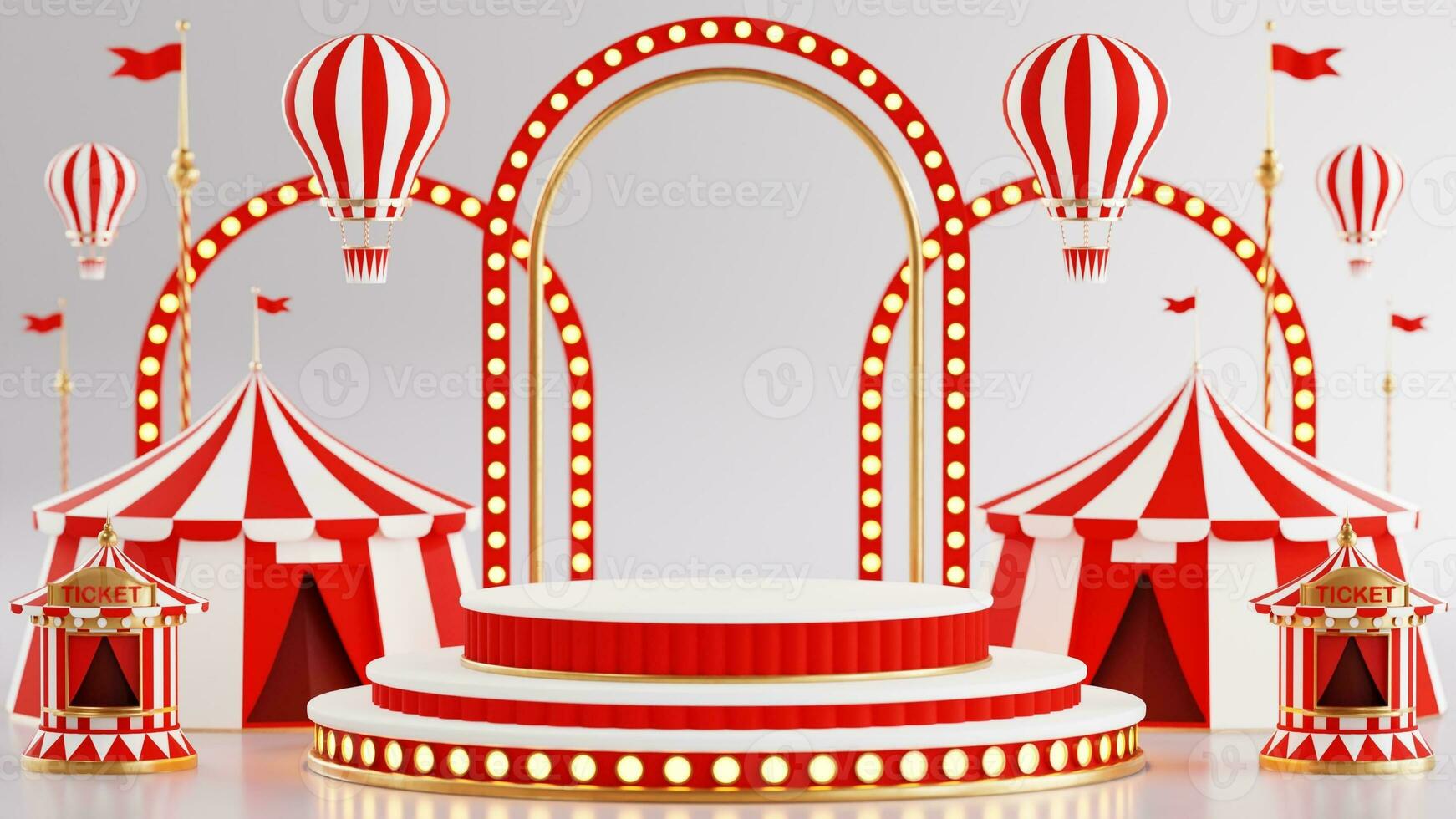 3D rendering for amusement park, circus, carnival fair theme podium with many rides and shops circus tent 3d illustration photo