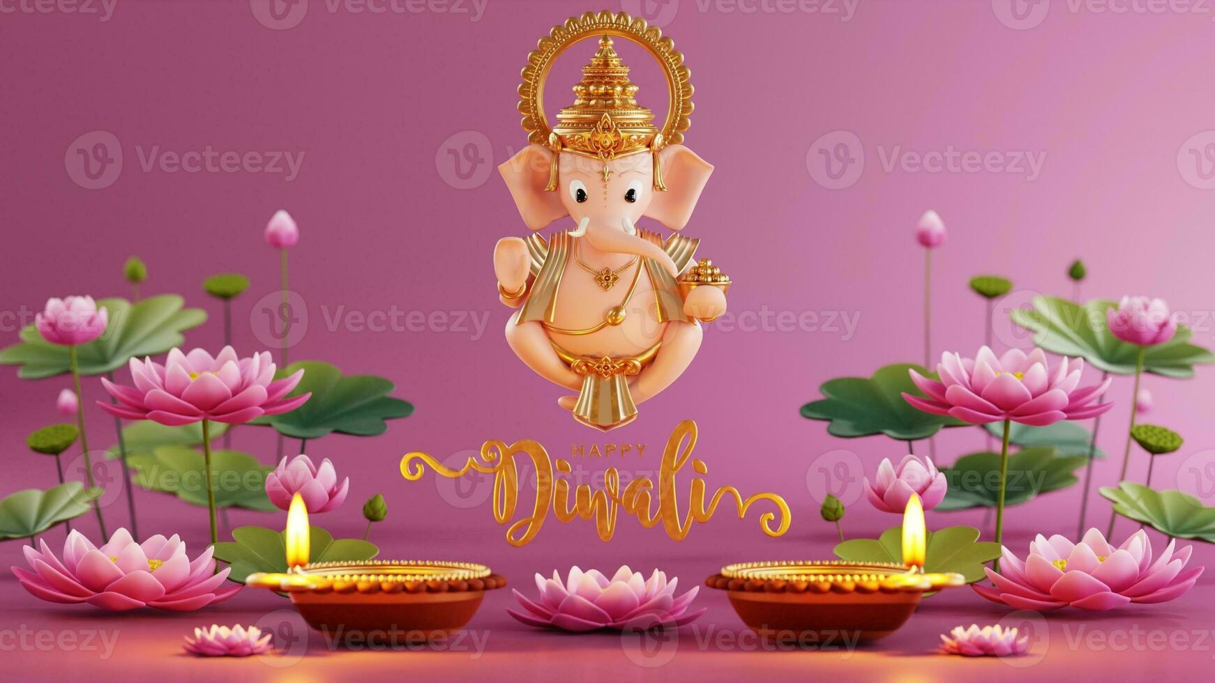 3D rendering for diwali festival Diwali, Deepavali or Dipavali the festival of lights india with gold diya patterned on color Background. photo