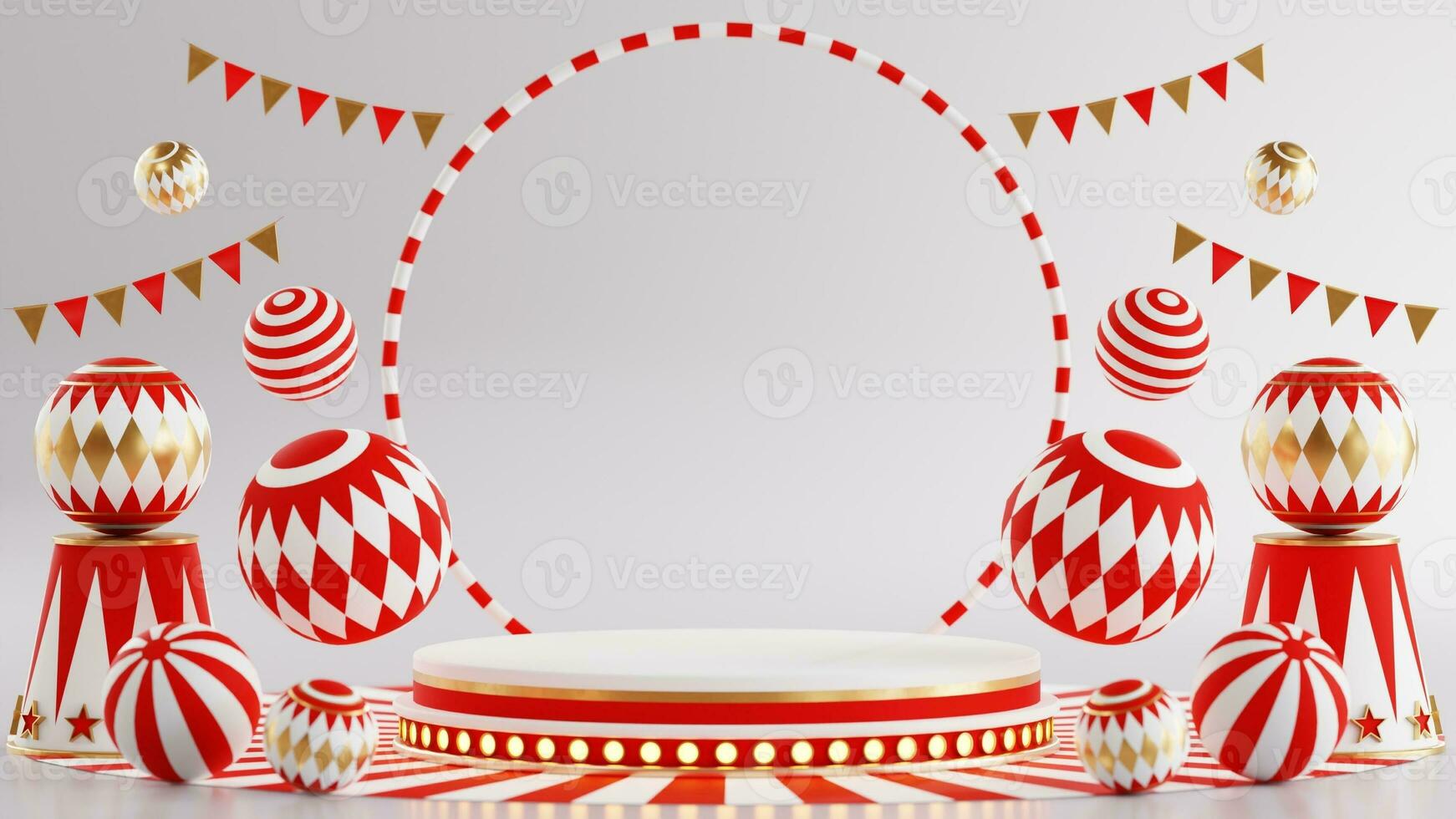 3D rendering for amusement park, circus, carnival fair theme podium with many rides and shops circus tent 3d illustration photo