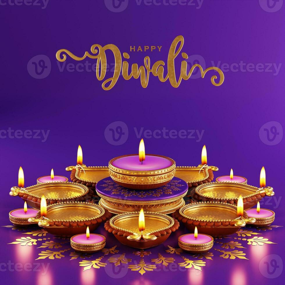 3D rendering for diwali festival Diwali, Deepavali or Dipavali the festival of lights india with gold diya patterned on color Background. photo