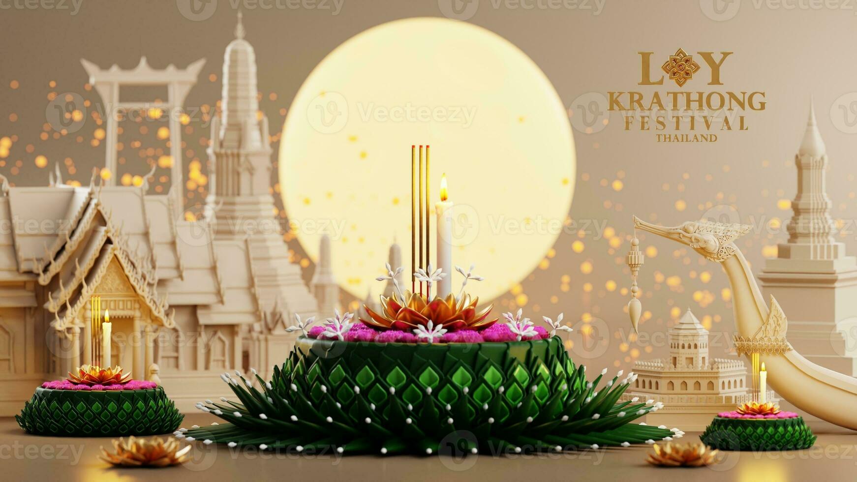 3d rendering illustration Loy Krathong festival  and Yi Peng festival in thailand  krathong from banana leaves, flowers, candles and incense sticks, fullmoon, river, and night background color. photo