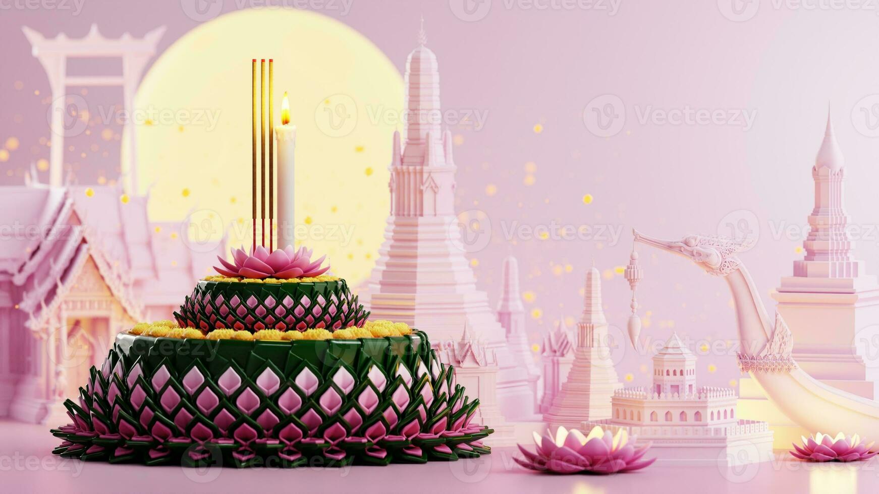 3d rendering illustration Loy Krathong festival  and Yi Peng festival in thailand  krathong from banana leaves, flowers, candles and incense sticks, fullmoon, river, and night background color. photo