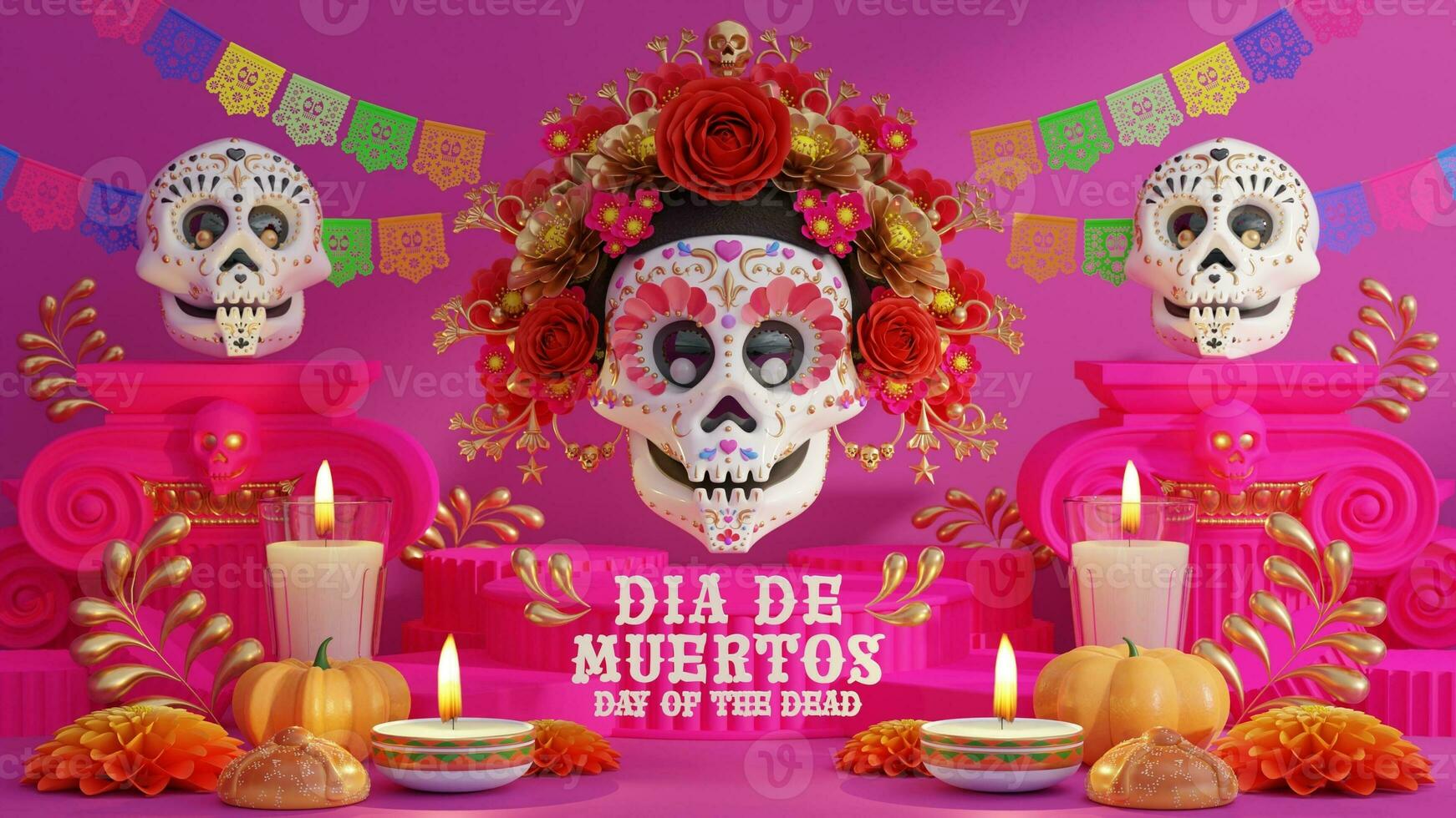 3d rendering illustration for Day of the Dead, Dia de muertos altar concept. Composition of cute sugar skulls, white candles, marigold flowers of the dead. 3d illustration. photo