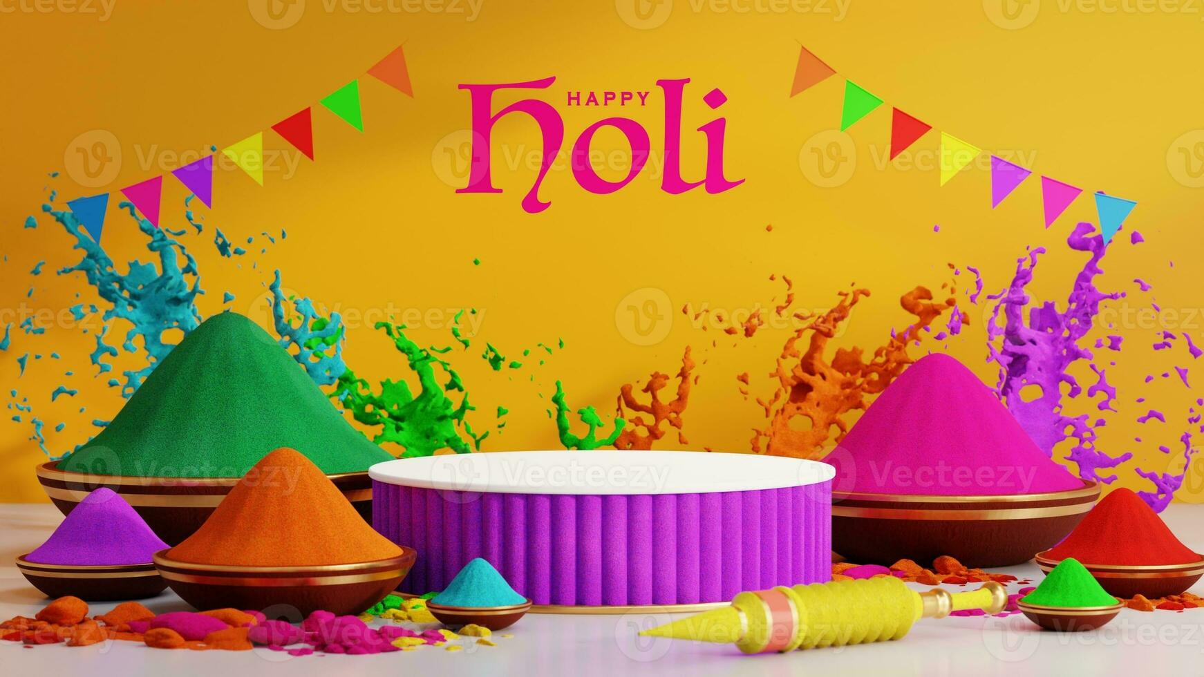 3d representación ilustración para podio holi festival de colores vistoso gulaal polvo colorgual tirador pistola, indio festival foto