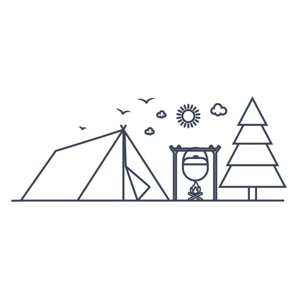 Outdoor camping tent bonfire linear icons. A picnic near the forest, a cauldron on the fire near the tent. Vector illustration isolate