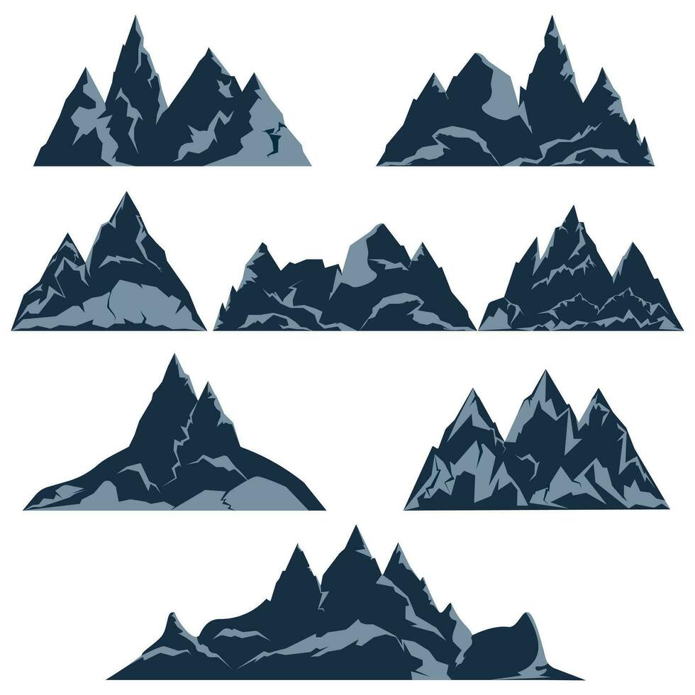 rock montañas vector colocar. montaña rocoso picos de diferente formas plano dibujos animados siluetas