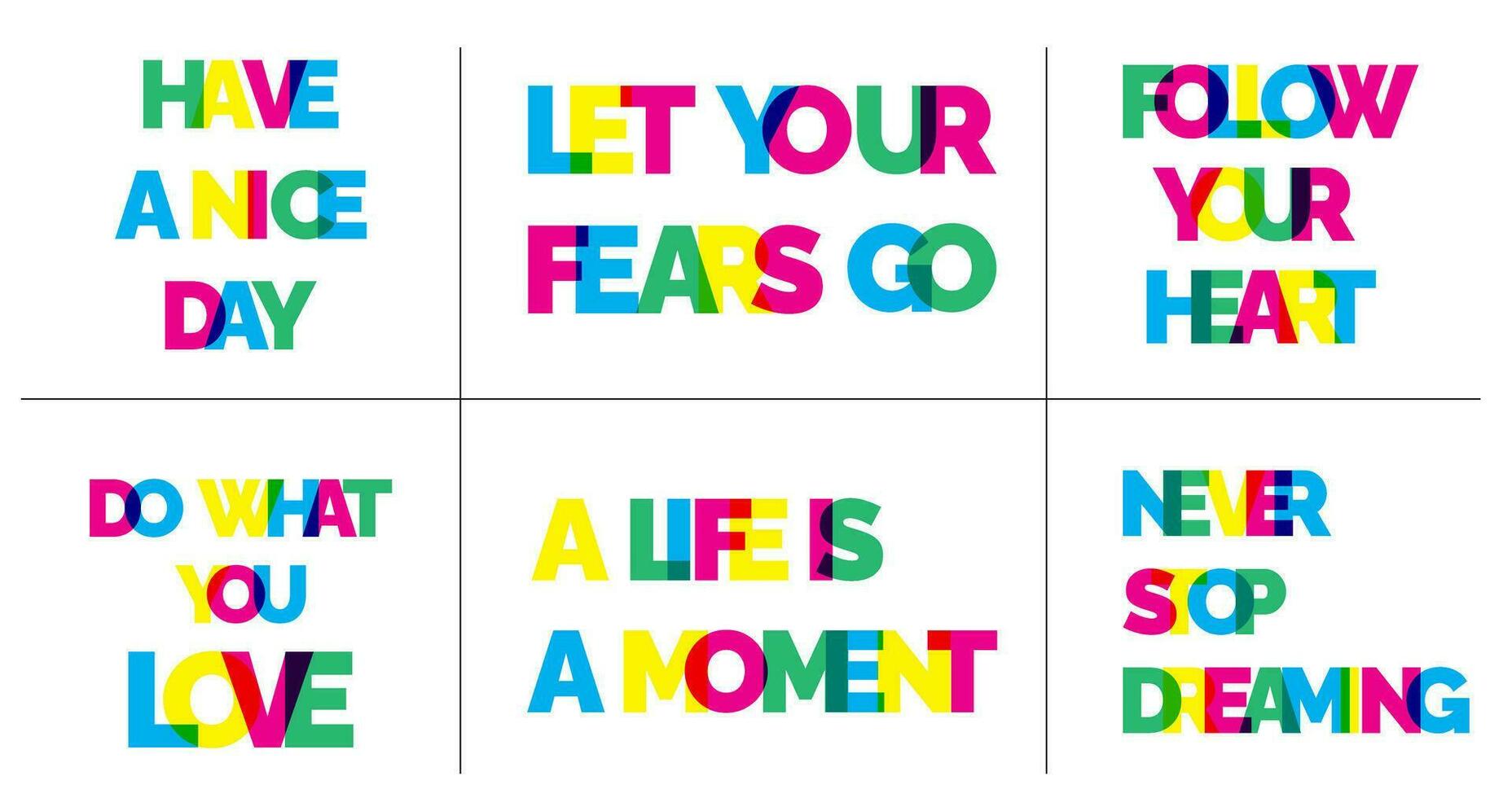 A set of motivating and supporting phrases. Risography style. Layering vector