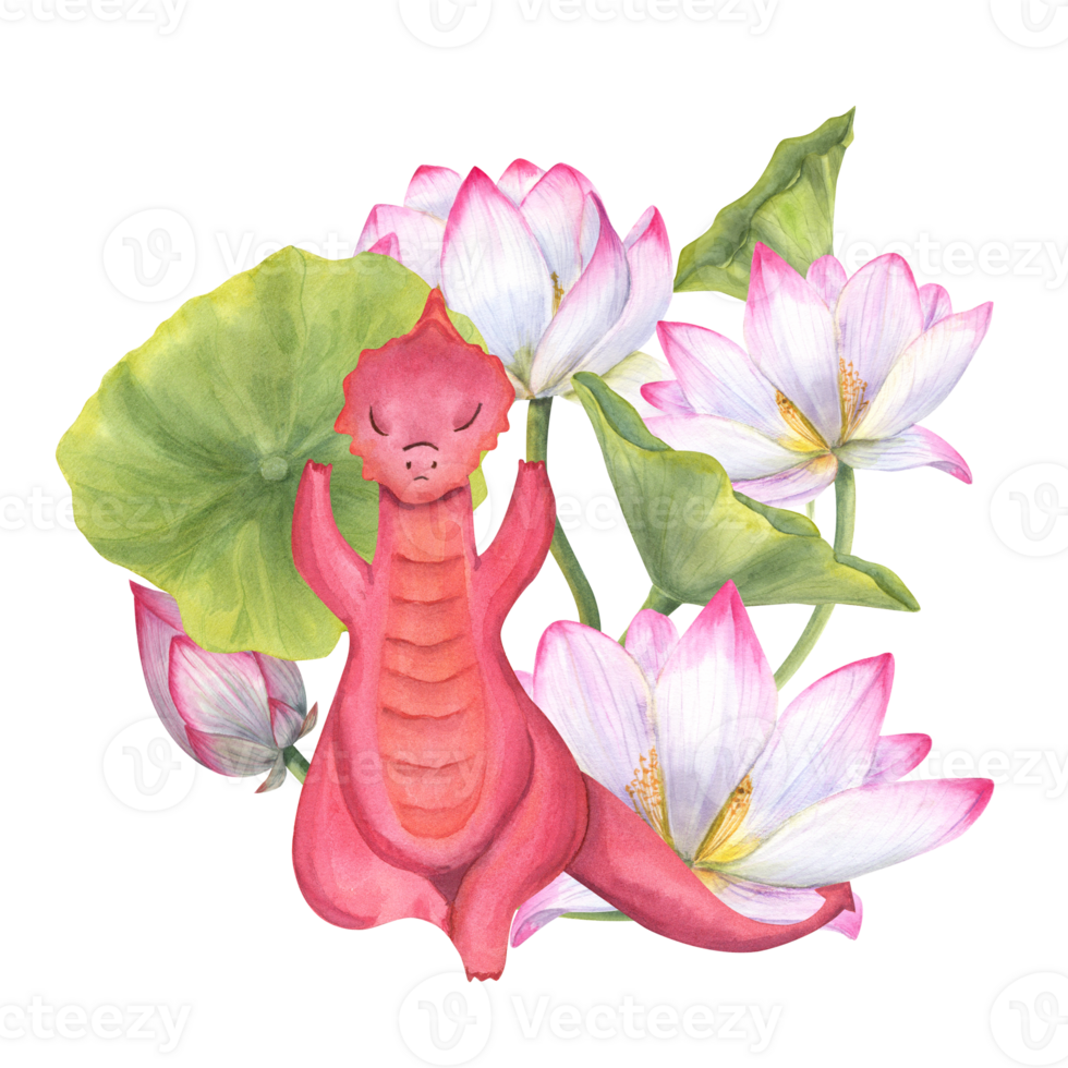 Red dragon meditating among blooming water lilies. Animal practicing yoga exercises. Floral composition. Realistic lotus flower, leaves and cartoon dragon. Watercolor illustration png