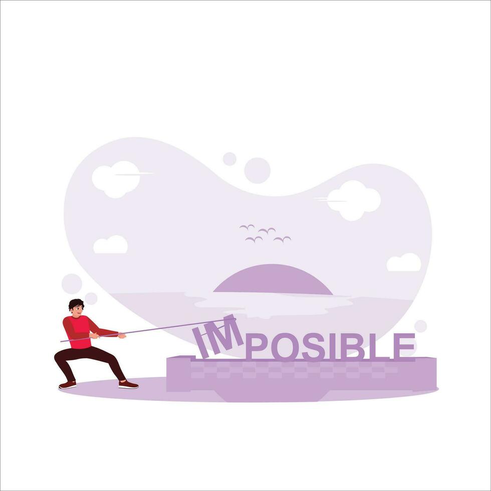 Entrepreneur turns impossible text into possible. Face challenges bravely.Trend Modern vector flat illustration