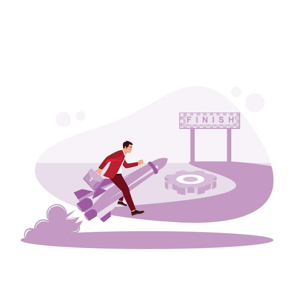 Businessman using rocket towards the finish line. Running a fast job career promotion competition to number one. Trend Modern vector flat illustration
