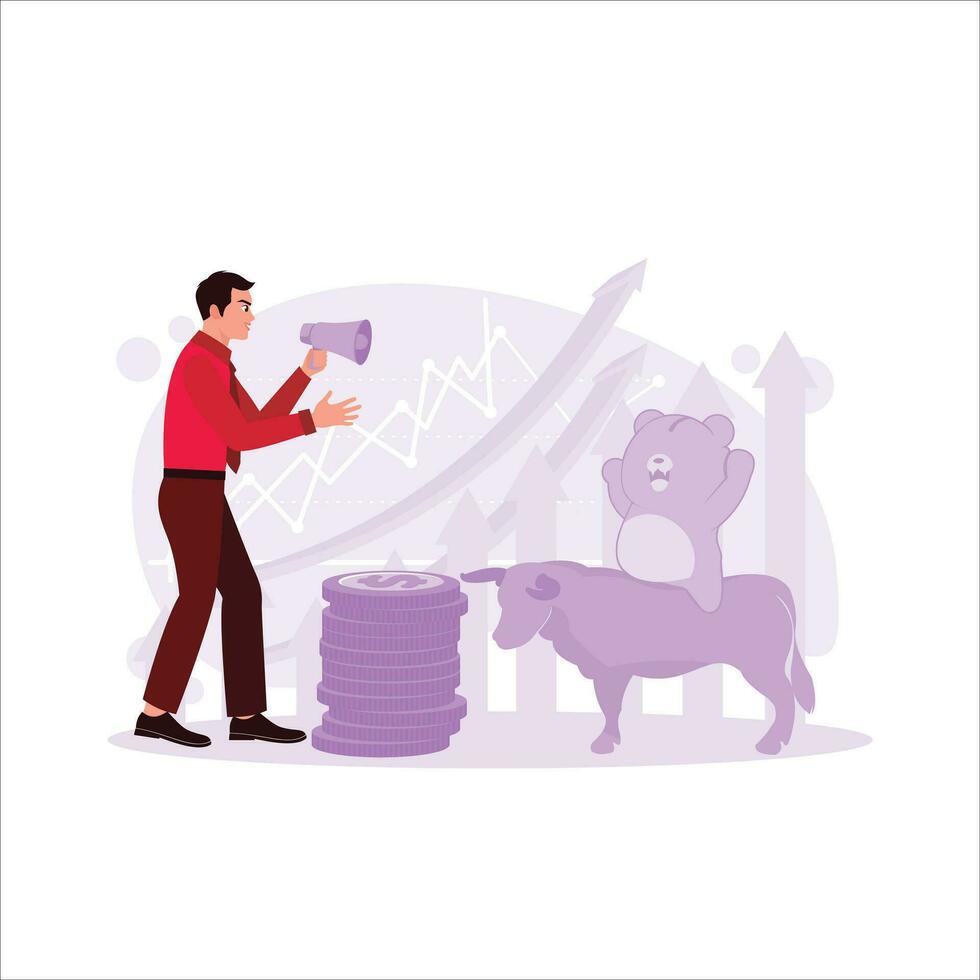 Businessman increasing stock market with bull, bear and money as background, Stock market concept. Trend Modern vector flat illustration