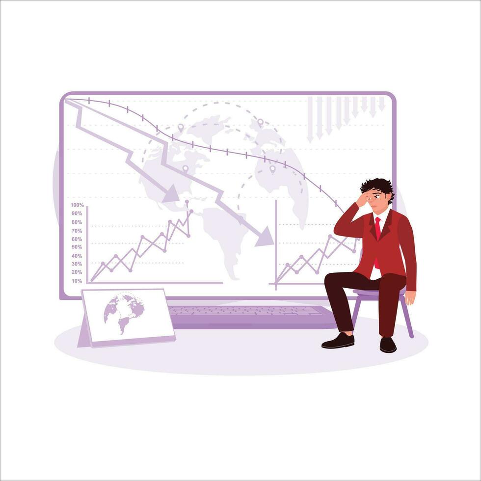 Businessman experiencing stress due to stock market downturn, businessman holding his head, Stock market concept. Trend Modern vector flat illustration