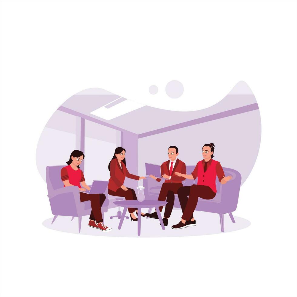 Multicultural businesspeople sitting together in the office lobby, working together and discussing a new project or office work concept. Trend Modern vector flat illustration