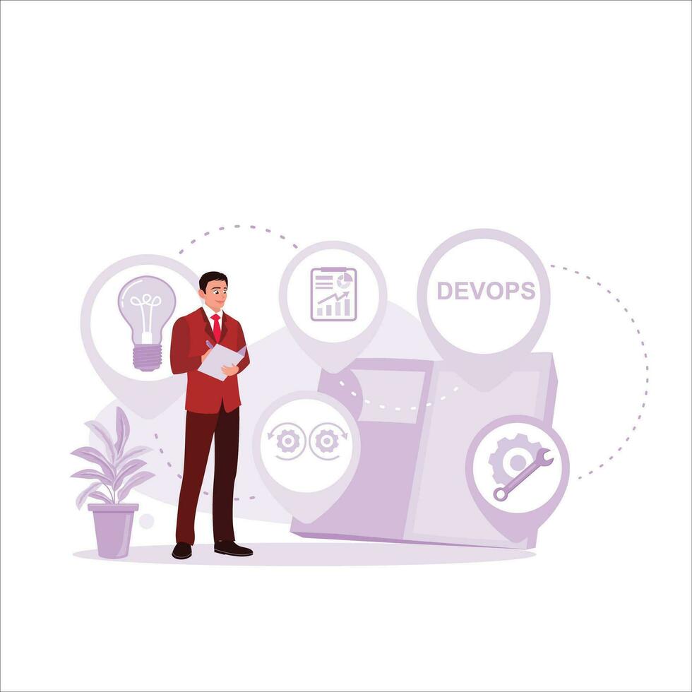 DEVOPS. Life cycle development operations automation and monitoring in all steps of software construction. Trend Modern vector flat illustration