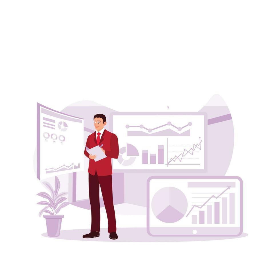 Analysis in front of a computer screen showing a business data analysis dashboard and data management system with KPI. Trend Modern vector flat illustration