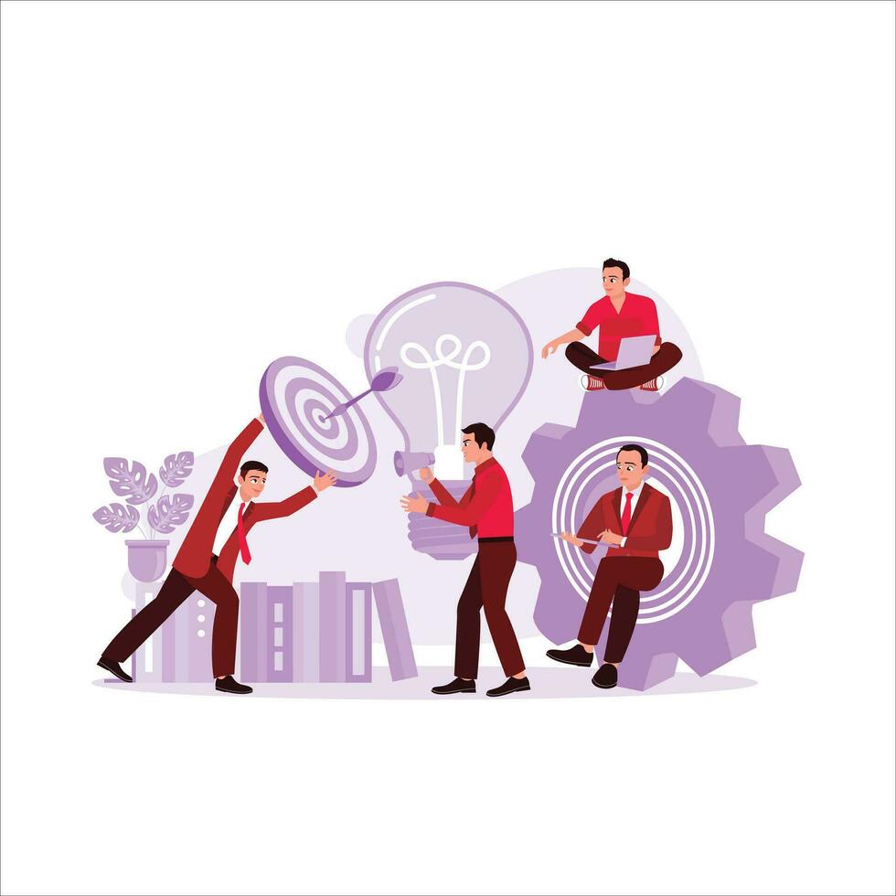 Marketing concept. A manager working with his team to develop a marketing development plan for his business. Trend Modern vector flat illustration