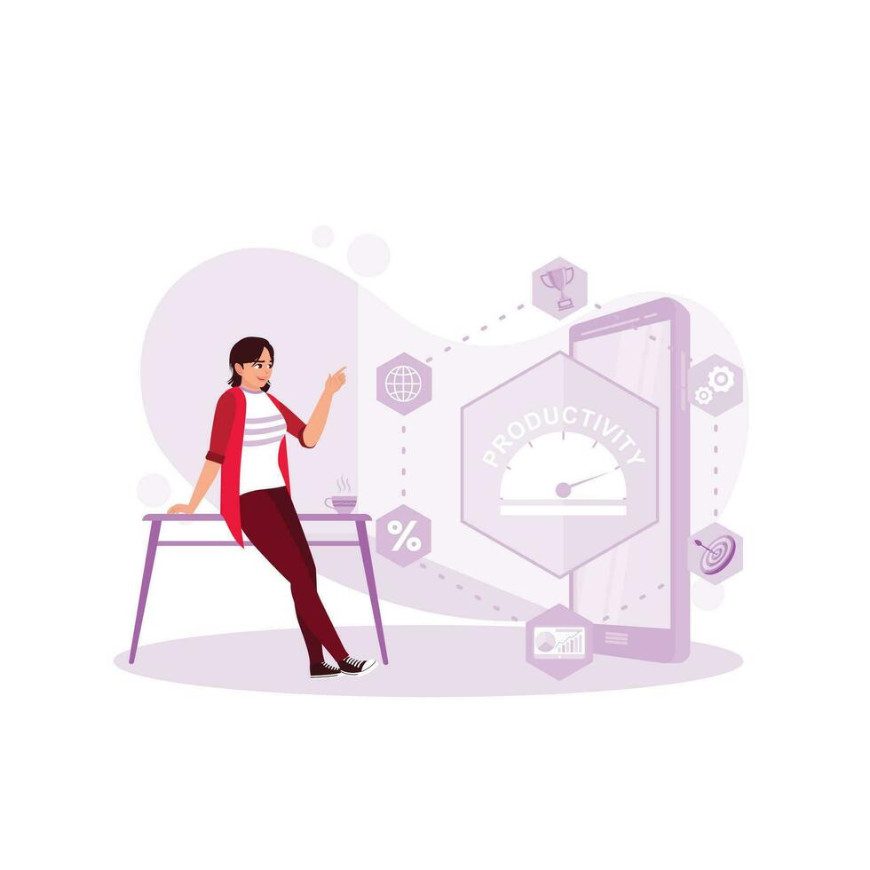 Woman touching productivity concept on the touch screen. Human resources concept. Trend Modern vector flat illustration