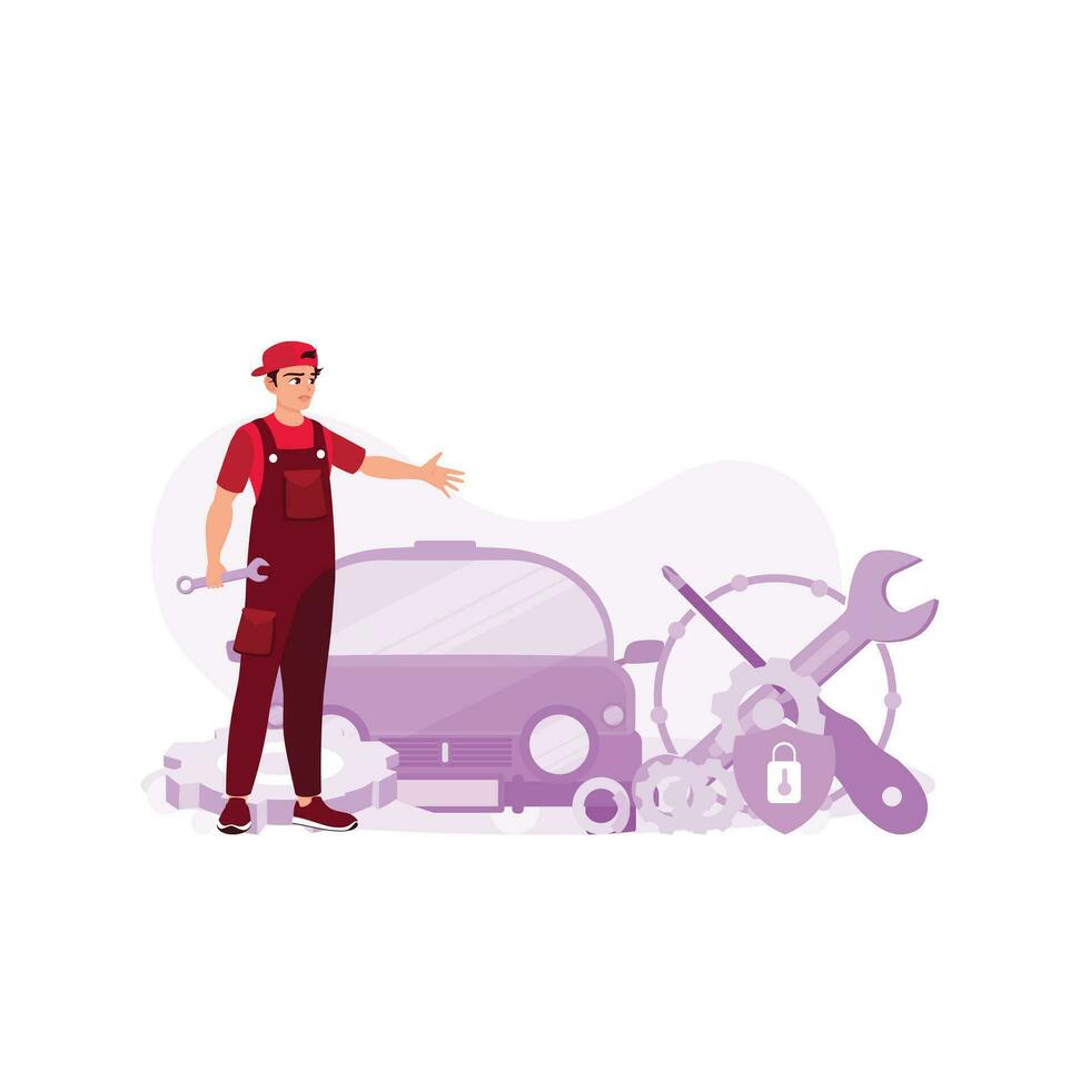 A professional male mechanic with overall repairing problems in cars and car engine technicians. Problem solving concept. Trend Modern vector flat illustration.