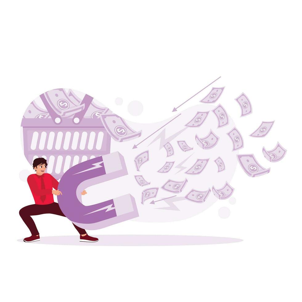 A businesswoman attracts money with a big magnet. Profit earning strategy concept from investment attractiveness illustrator. Trend Modern vector flat illustration