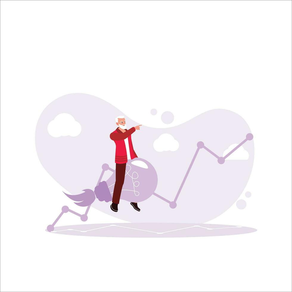 Old businessman flying on a light bulb rocket on an increasing graphic background. Productivity Boosting concept. Trend Modern vector flat illustration