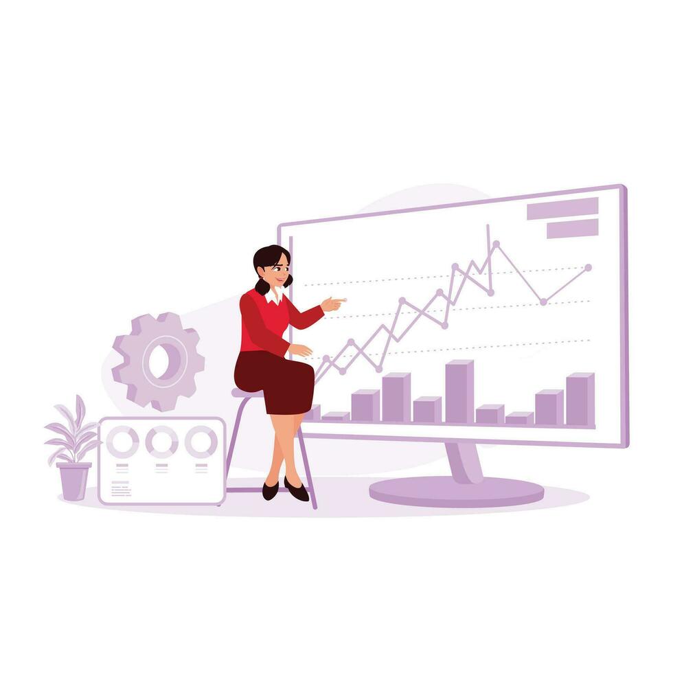 A businesswoman studies company finances with statistical graphs on a computer screen. Financial Trading And Investing concept. Trend Modern vector flat illustration