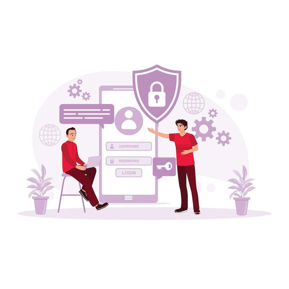 Businessman creates data protection engineering network for cyber security via laptop and mobile phone. Data Protection concept. Trend Modern vector flat illustration