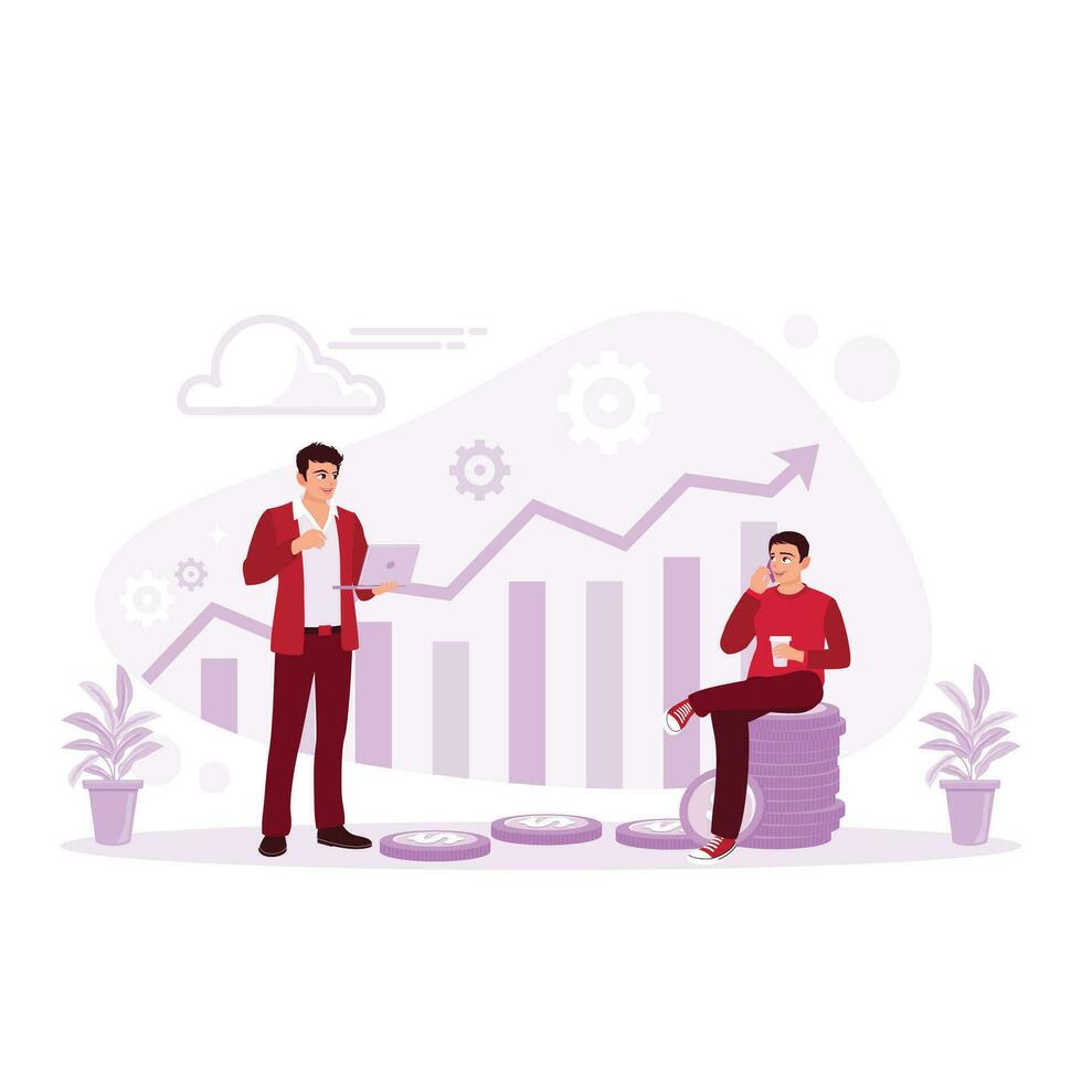 A businessman is sitting on a pile of coins, and another businessman is looking at money on a laptop that keeps increasing. Passive Income concept. Trend Modern vector flat illustration