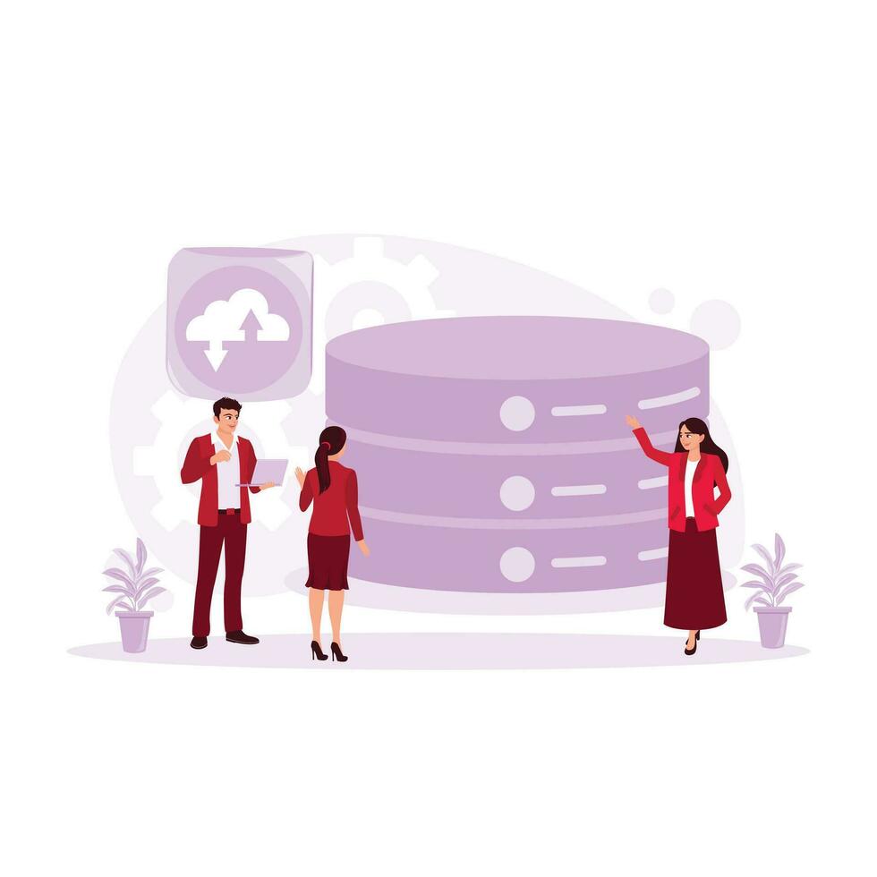 Male and female programmers discuss work, software development, database architecture, and concept website design. Database concept. Trend Modern vector flat illustration