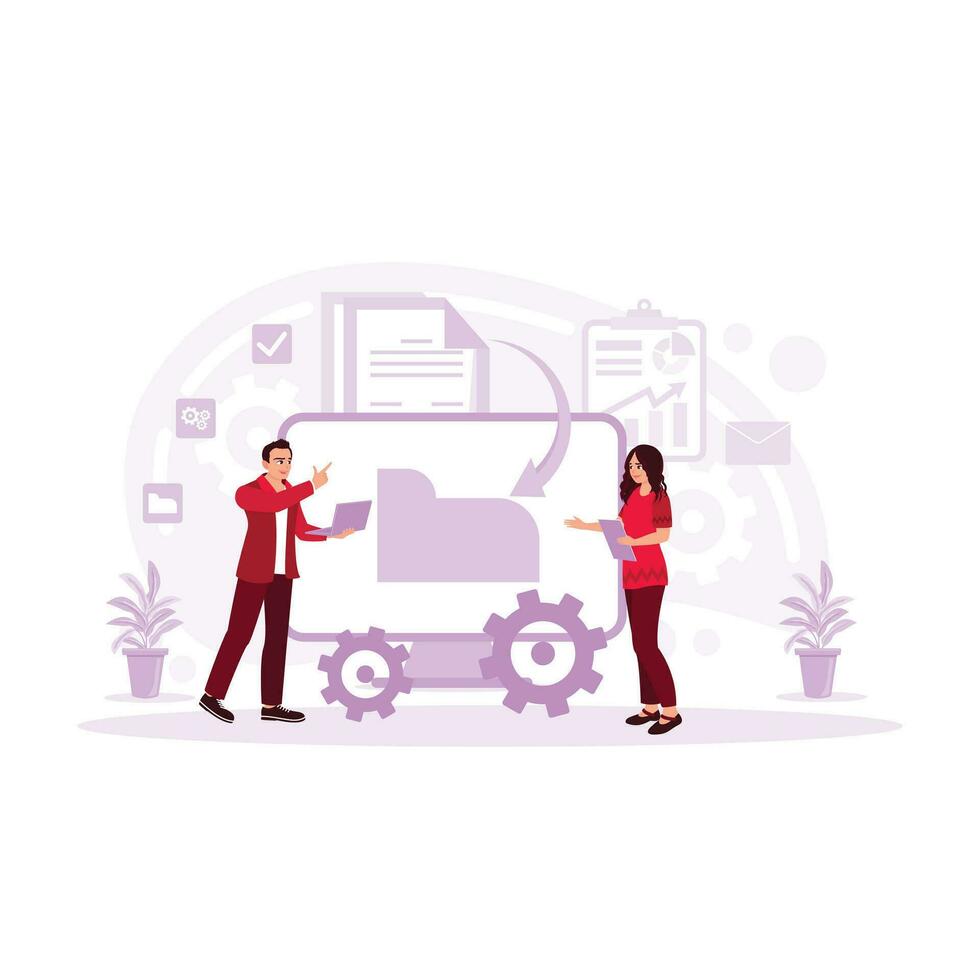 The manager checks documents and financial files on the laptop. Accounting concept. Trend Modern vector flat illustration
