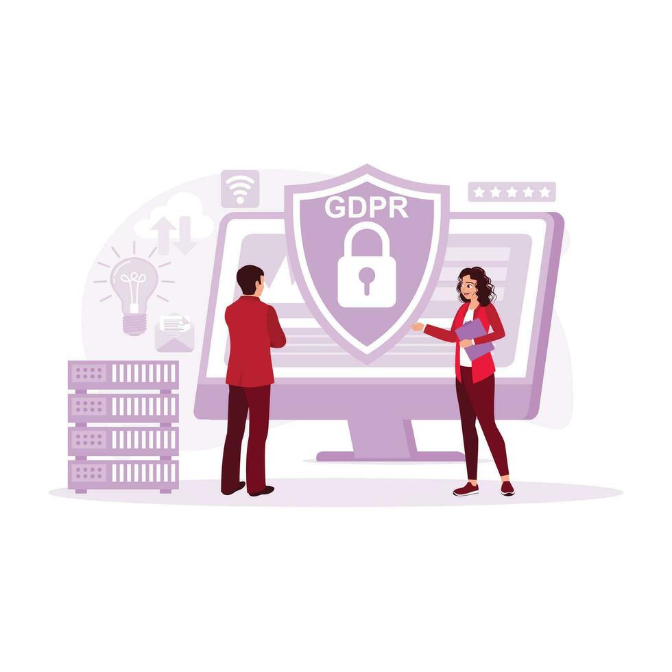 Business people protect their personal data information. Padlock and shield icon on a computer screen. General Privacy concept. Trend Modern vector flat illustration