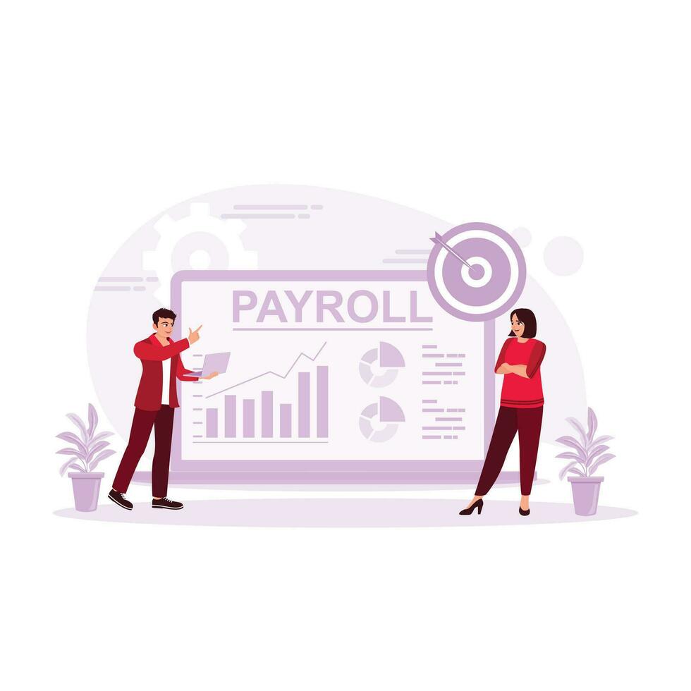 Businessman in an office making financial graphs and charts towards the target. Payroll concept. Trend Modern vector flat illustration