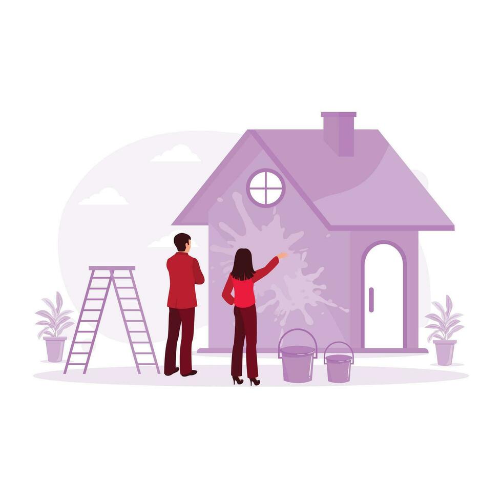 The woman shows the house that will be renovated to the contractor. Home Renovation concept. Trend Modern vector flat illustration