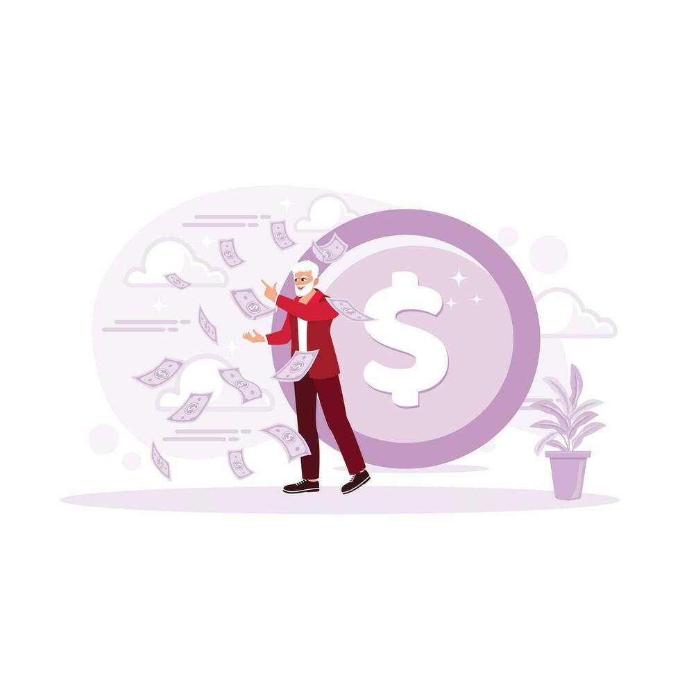Bearded old man throwing and scattering money in the air. Earning Money concept. Trend Modern vector flat illustration
