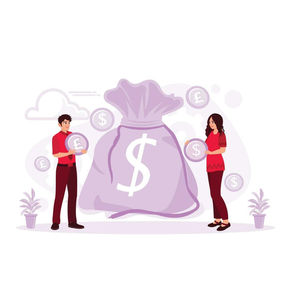 Two businessmen collect money in a money bag. Active Income concept. Trend Modern vector flat illustration
