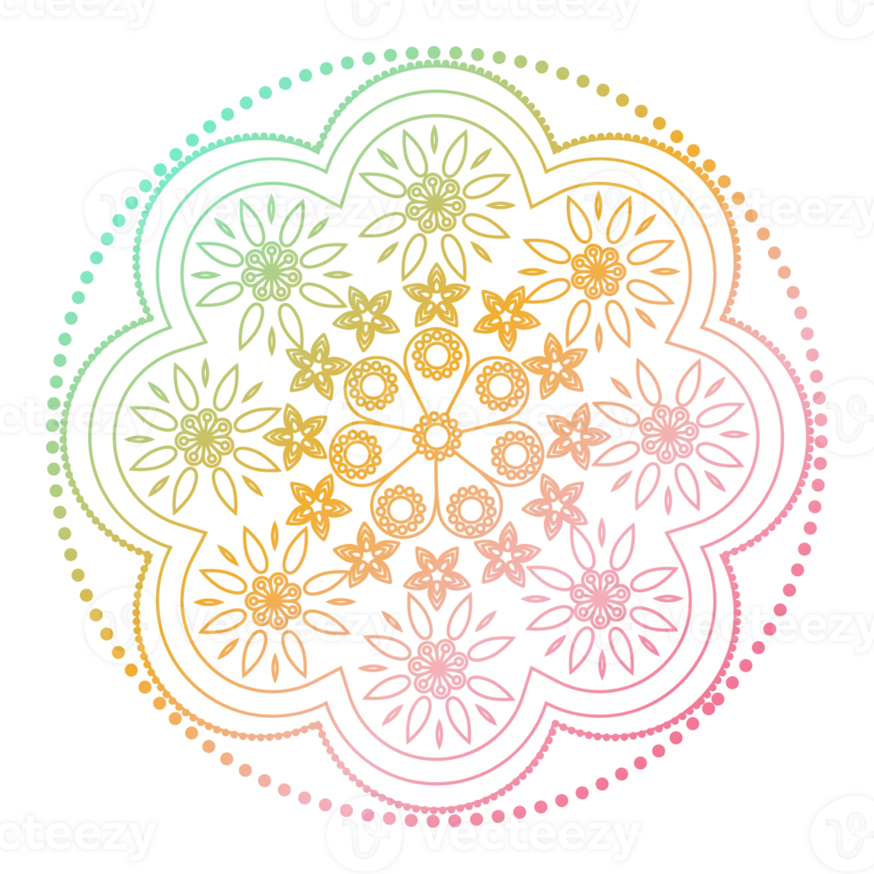 Soft gradient mandala ornament outline pattern. Indian geometric art graphic. Isolated coloring book. png