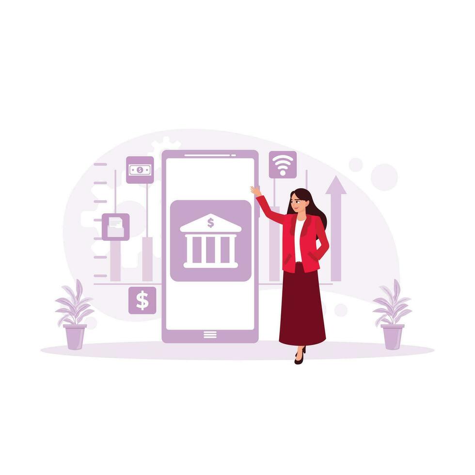 Businesswoman and banking service application on the smartphone. Internet Banking concept. Trend Modern vector flat illustration