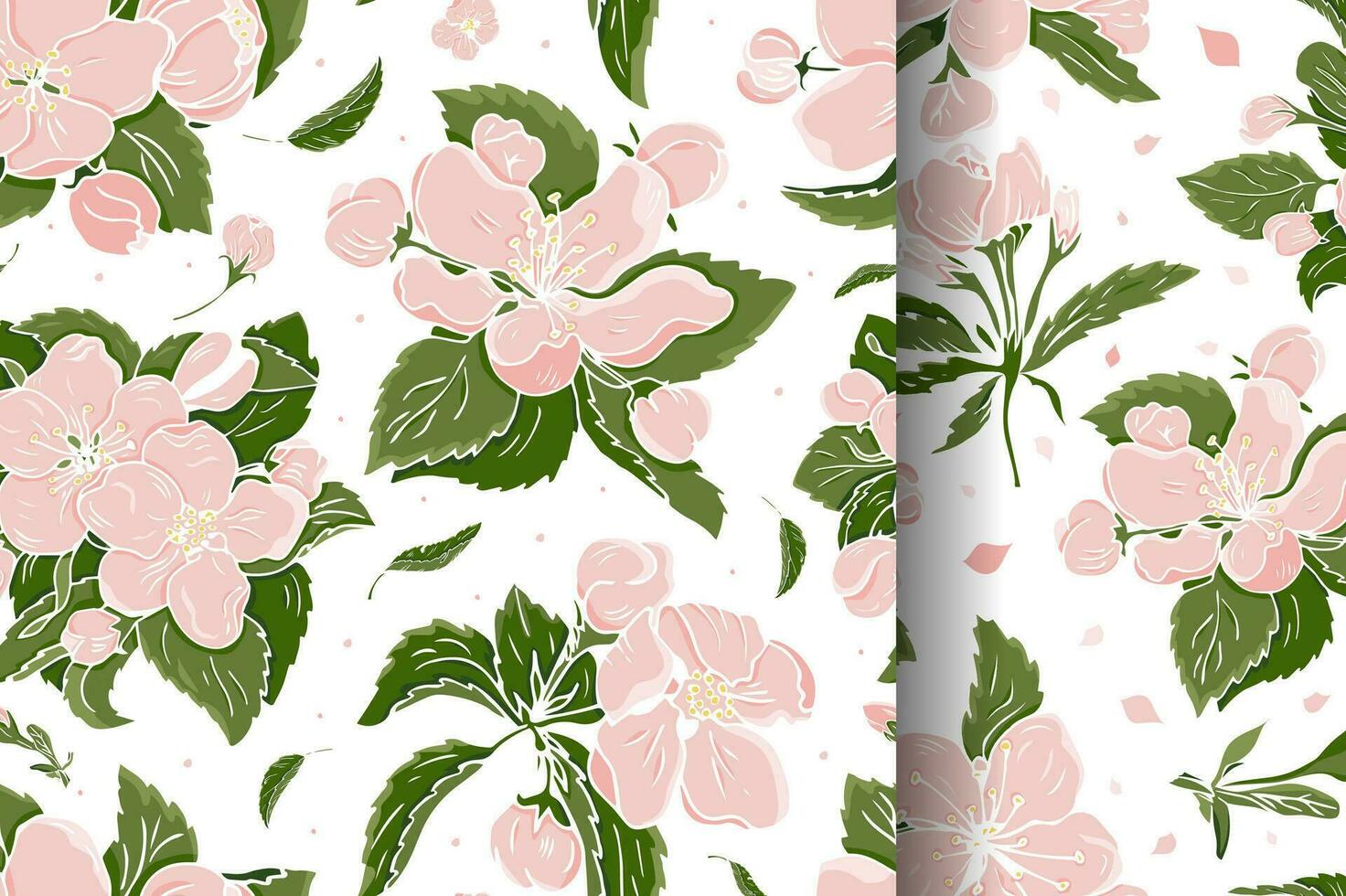 Set of seamless patterns with realistic sakura flowers. Petals elements for romantic banner design, textile, fabric, wrapping, wallpaper. Endless background print. vector